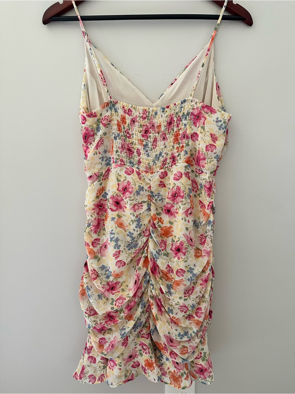 ASTR The Label Floral Ruched Flounce Mini Slip Dress -Cream Pink Blue Multicolor - Picture 4 of 14